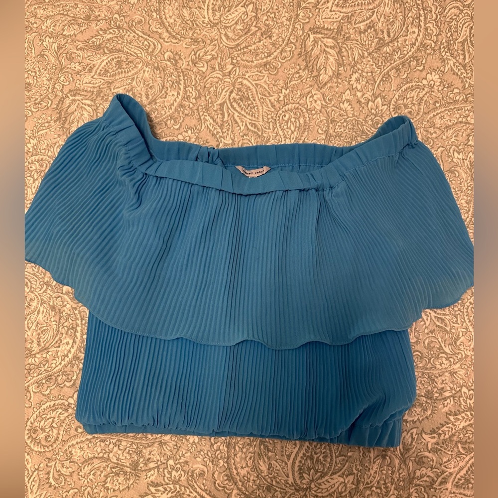 Women’s Off-Shoulder Ruffle Pleated Top - Teal Blue